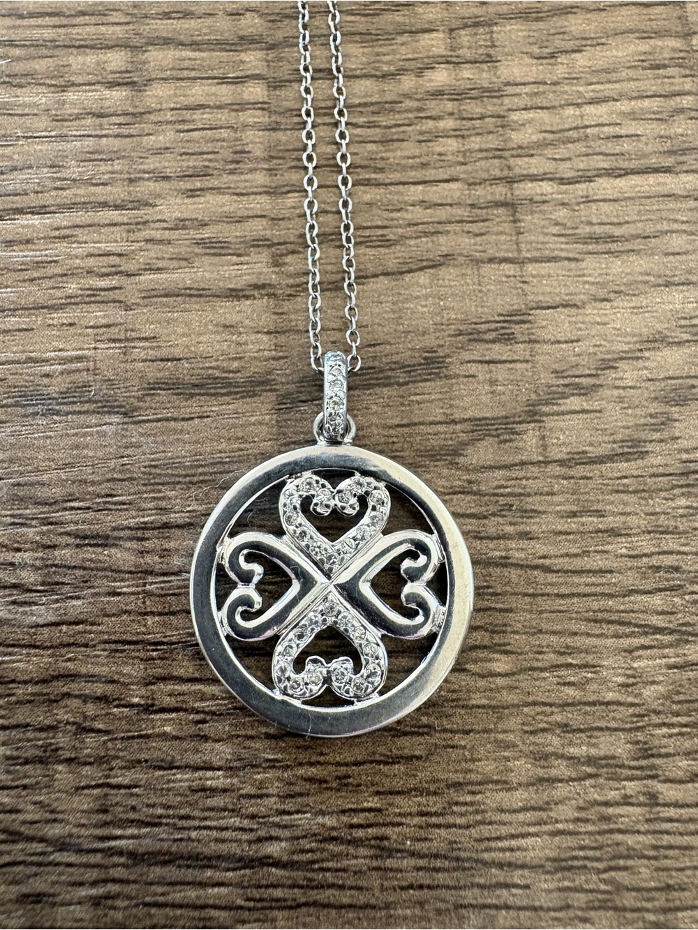 Round Silver Heart Motif Pendant Necklace with Diamond Accents